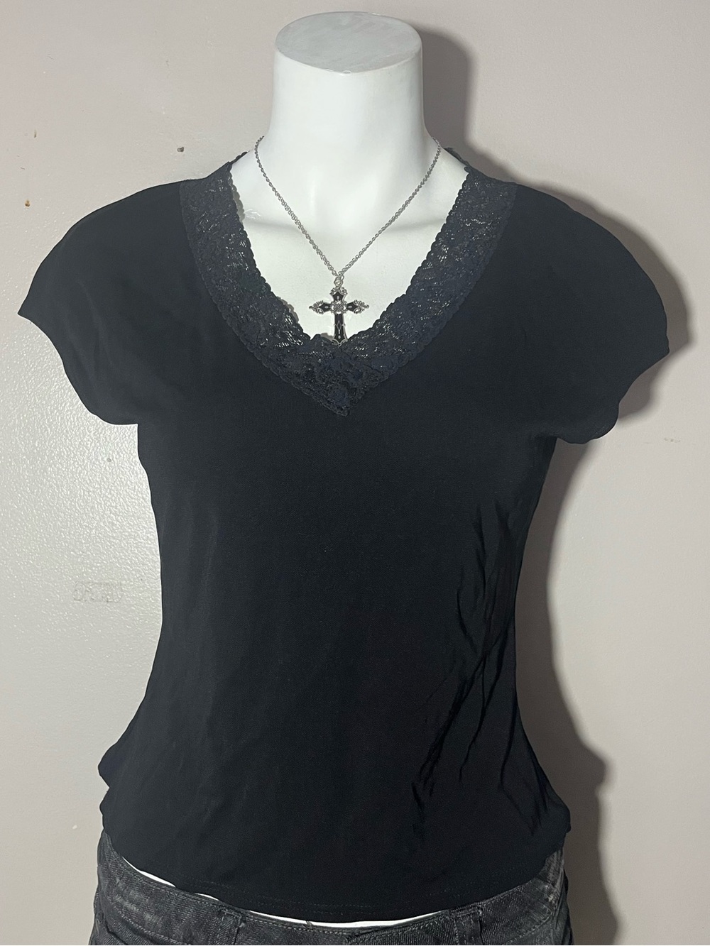 Studio M Black Lace-Trim V-Neck Short Sleeve Top